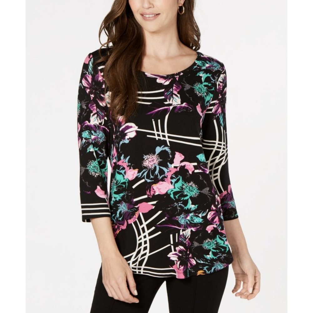 JM Collection Black Floral Scoop Neck Long Sleeve Top with Pink & Teal Accents